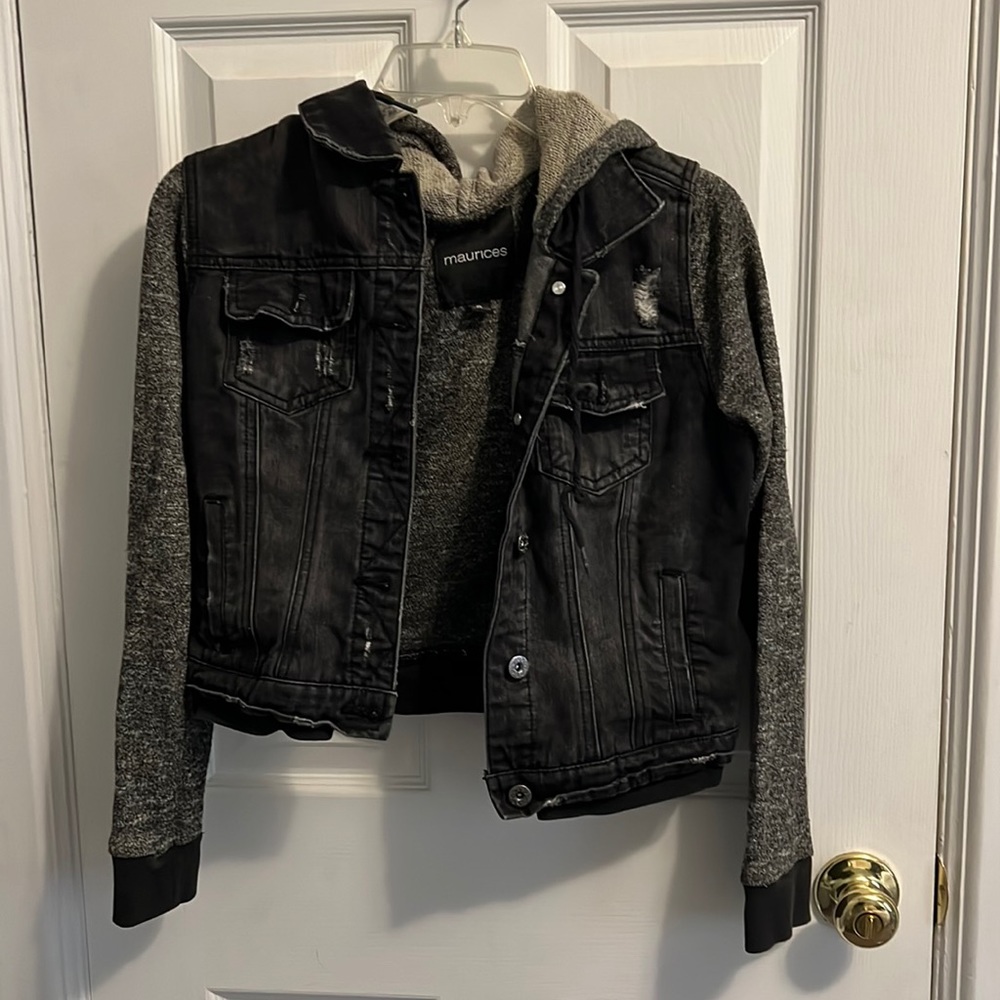 Black jean jacket with hood and sweater sleeves